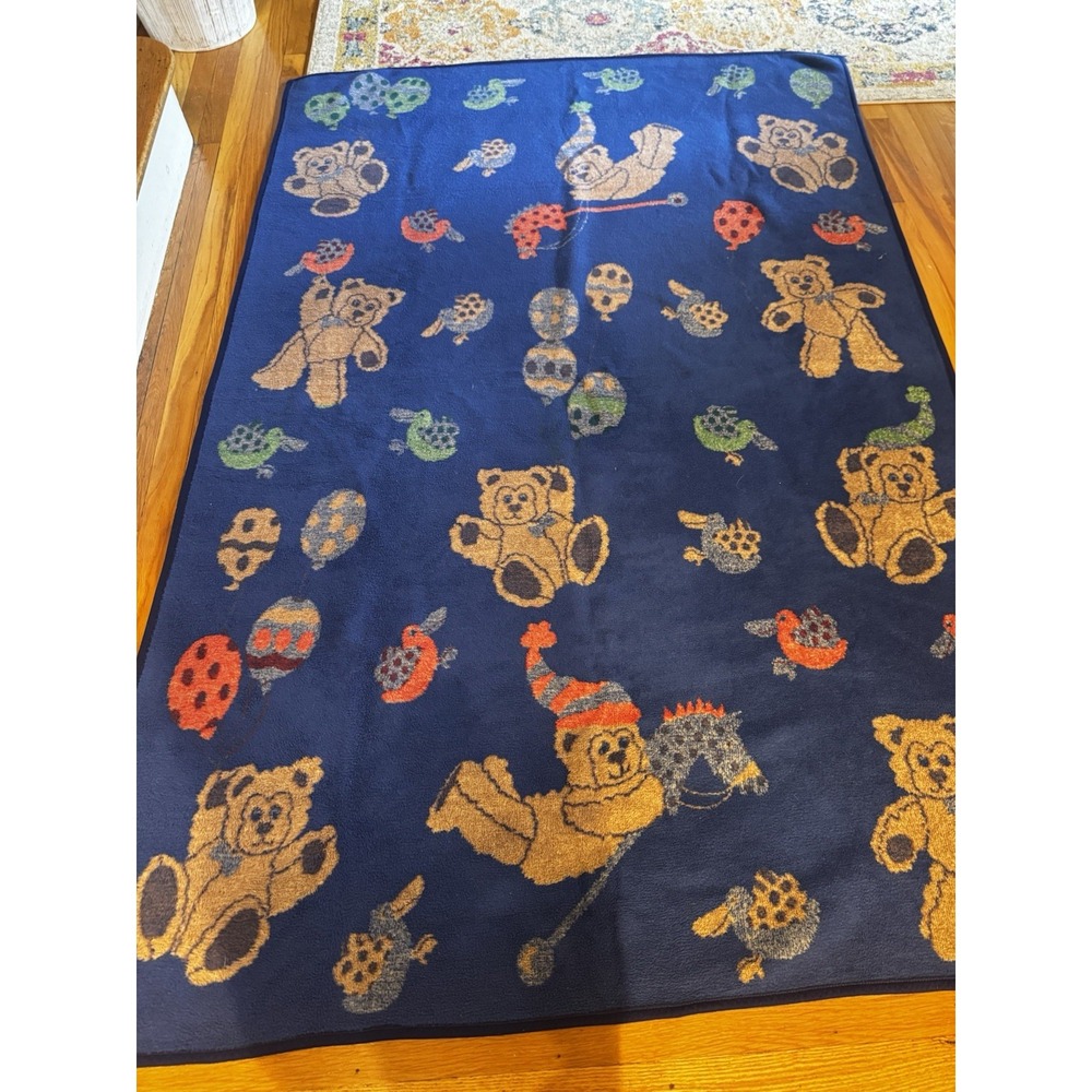 Vintage San‎ Marcos Reversible Blanket Teddy Bear Balloon Stick Horse AOP 81x56
